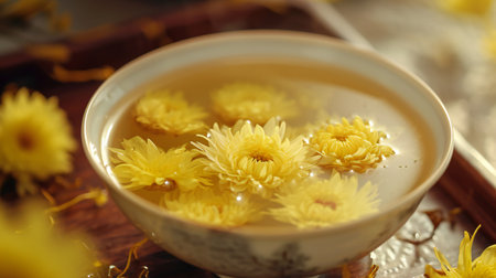 Golden Chrysanthemums Blooming in a Traditional Ceramic Bowlの素材