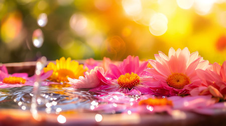 Floating Gerbera Flowers Basking in Sunlit Water Bowlの素材