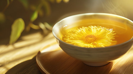 Single Yellow Flower in a White Bowl on Bamboo Matの素材