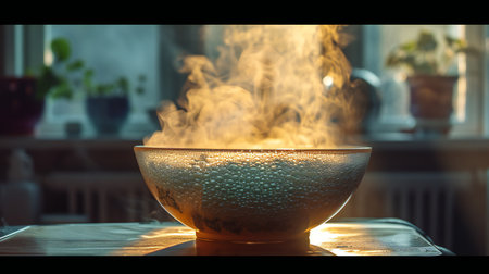 Morning Light Illuminates Steam Over a Textured Bowlの素材
