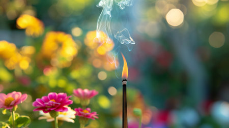 Lone Incense Stick Burning Amidst Vivid Garden Flowersの素材