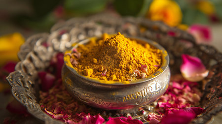 Traditional Turmeric Powder in Decorative Metal Bowlの素材