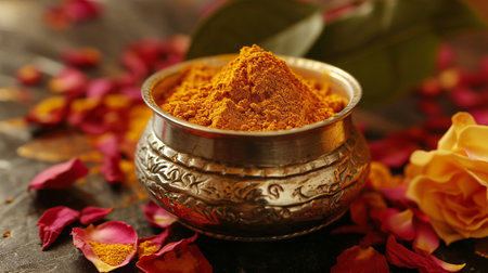 Golden Turmeric Powder in Ornate Silver Bowlの素材