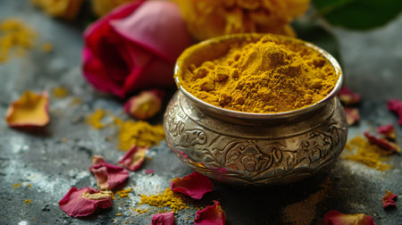 Exquisite Turmeric Powder Amongst Vibrant Rose Petalsの素材