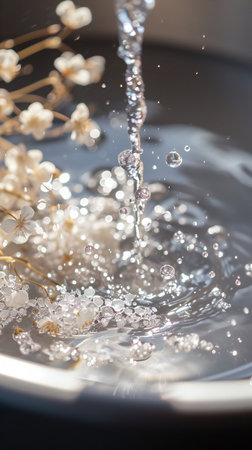 Delicate Floral Branch Over Water Capturing Sparkling Dropletsの素材