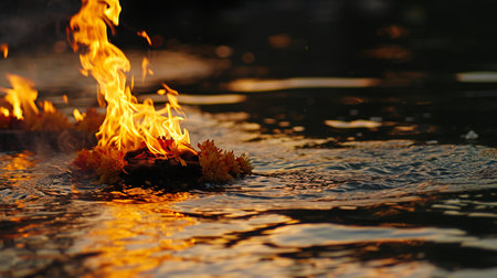 Vivid Flames Dancing on Floating Flowers at Duskの素材