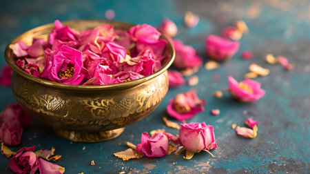 Vivid Rose Blossoms Collected in an Ornate Brass Bowlの素材