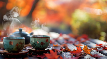 Autumnal Tea Time with Steam Rising Among Maple Leavesの素材