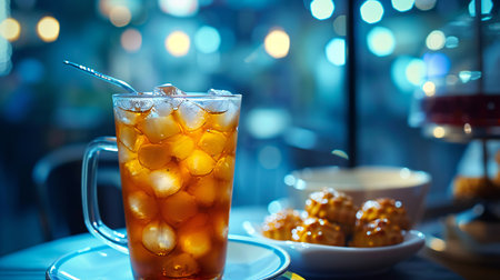 Iced Tea Glass with Golden Bokeh Backgroundの素材