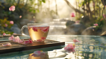Golden Hour Tea with Petals on Garden Pondの素材