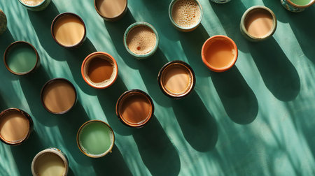 Assorted Tea Cups in Green Shades on Textured Fabricの素材