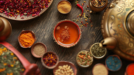 Aromatic Spices and Tea in an Ornate Eastern Settingの素材