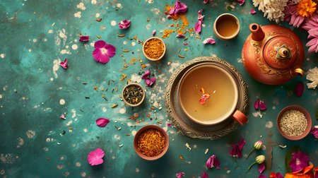 Traditional Eastern Tea Set with Colorful Floral Backdropの素材