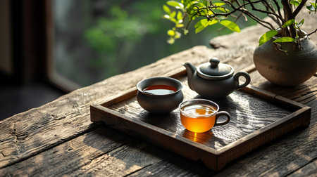 Traditional Tea Setting with Pot and Wooden Trayの素材