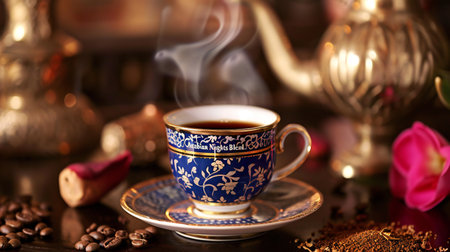 Vintage Blue Cup with Aromatic Coffee and Rose Accentの素材