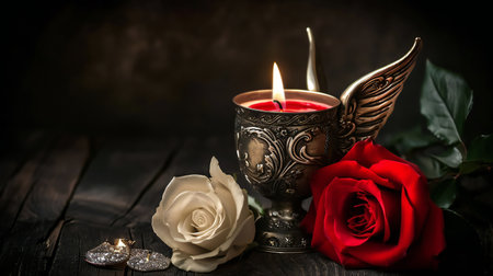 Elegant Winged Candle Holder with Red and White Rosesの素材