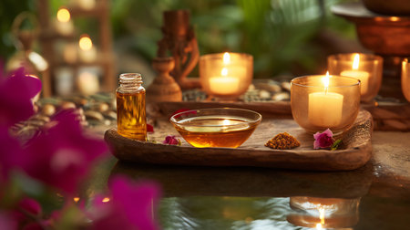 Tranquil Spa Setting with Candles and Essential Oilsの素材