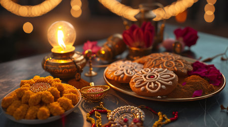 Festive Celebration with Traditional Sweets and Decorの素材