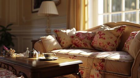 Traditional English Tea Setup in Bright Sunlit Roomの素材