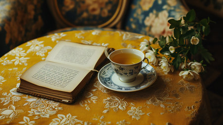 Elegant Vintage Tea Cup with Book on Floral Tableclothの素材