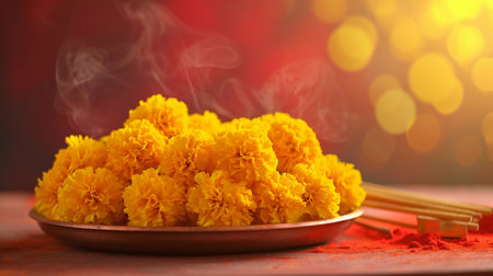 Golden Marigold Flowers Illuminated in Diwali Festive Lightingの素材