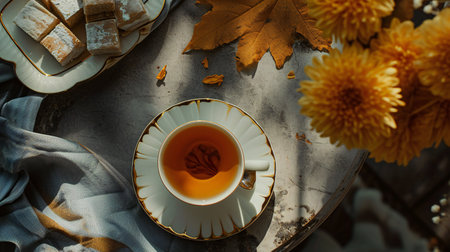 Autumn Tea Setting with Golden Sunlight and Delicate Pastriesの素材