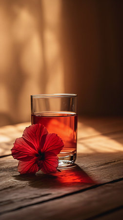 Elegant Glass of Tea with Vibrant Red Hibiscus Flowerの素材