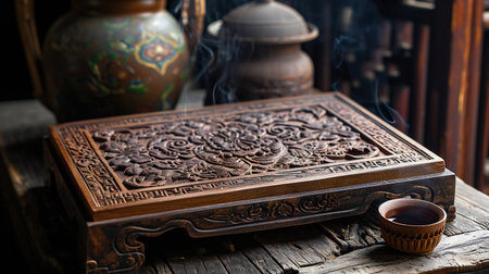 Antique Carved Wooden Box with Aromatic Incenseの素材