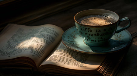 Inspirational Quote on Teacup with Sunlight on an Open Bookの素材