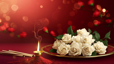 Romantic Candlelight and White Roses on Red Velvetの素材