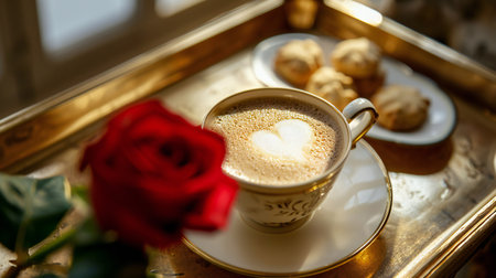 Romantic Coffee Setup with Rose on Golden Trayの素材