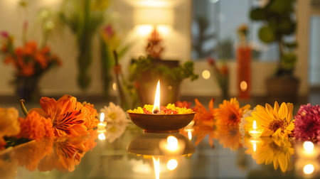 Warm Glow of Diya Amidst Colorful Flowers Reflectionの素材