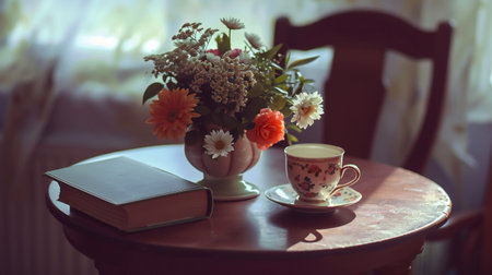 Vintage Book and Floral Teacup on a Wooden Tableの素材
