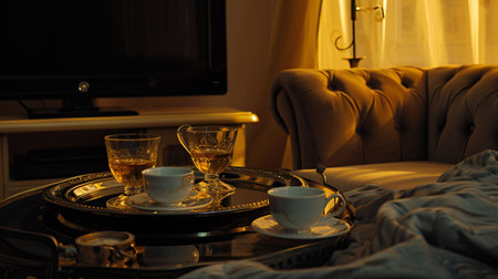 Intimate Evening with Elegant Glass Tea Set on Trayの素材