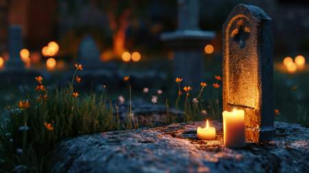 Peaceful Evening Candlelight Amongst Wildflowers in a Cemeteryの素材