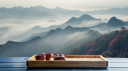 Traditional Tea Set Overlooking Misty Mountainous Landscapeの素材
