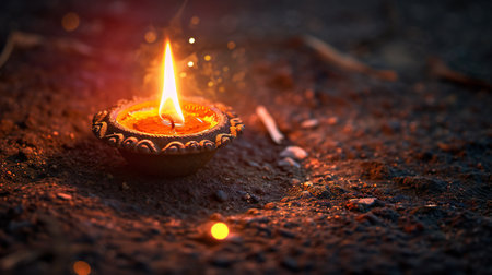 Solitary Diya Lamp Glowing Warmly on Earthen Groundの素材