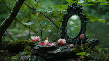 Elegant Antique Mirror Reflecting Candlelight in Forestの素材