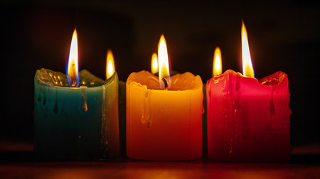 Trio of Vivid Candles Glowing in Warm Huesの素材