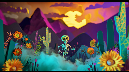 Solitary Skeleton Adventurer in a Whimsical Floral Valleyの素材