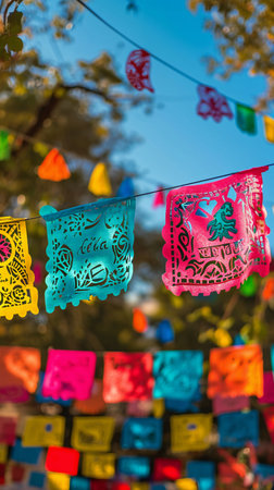 Traditional Papel Picado Banners in Bright Colors Against a Blue Skyの素材