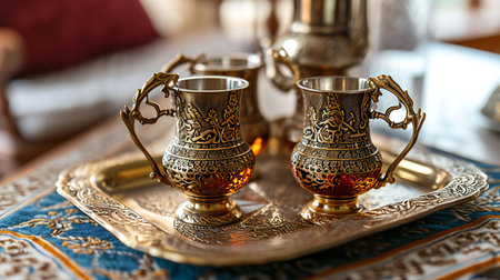 Vintage Ornate Turkish Coffee Set on Intricate Silver Trayの素材