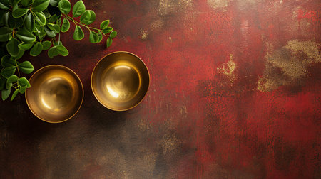 Pair of Brass Bowls on a Rustic Red Textured Surface with Greeneryの素材