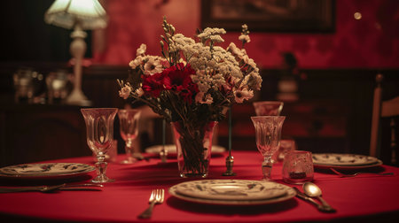 Romantic Red Dining Room with Elegant Table Decorの素材