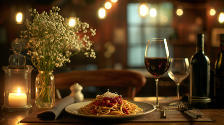 Romantic Candlelit Pasta Dinner with Wine and Soft Lightingの素材