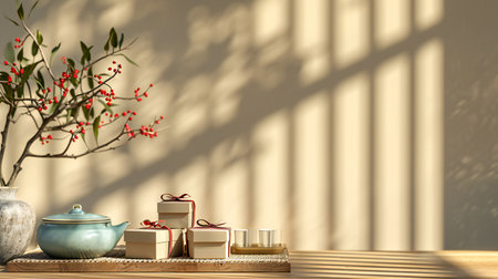 Simplistic Tea Set Arrangement with a Single Berry Branchの素材