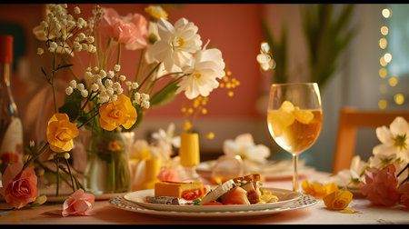 Elegant Table Setting with Golden Accents and Paper Flowersの素材