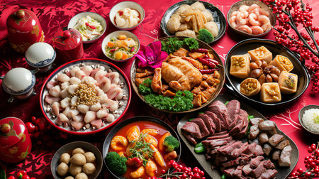 Lavish Traditional Chinese Feast with Rich Red Decorの素材