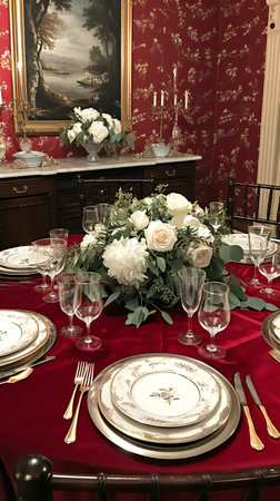 Elegant Red and Gold Dining Room with Classic Decorの素材