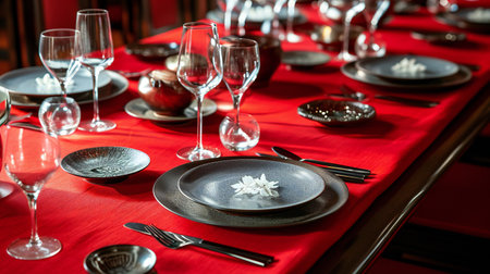 Sophisticated Table Setting with Red Linen and Dark Platesの素材